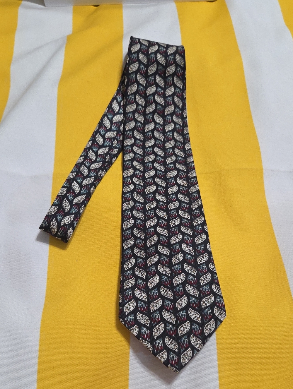 Vintage Christian Dior Monsieur Tie Black Burgundy Blue Geometric Leaf Print